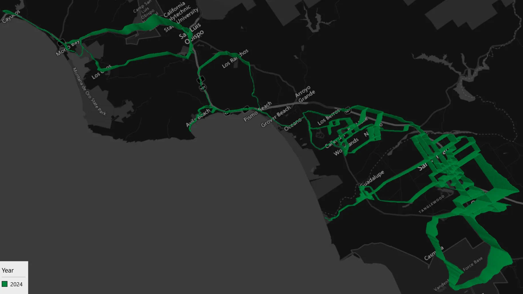 Visualization of my 2024 rides on the Cental Coast.